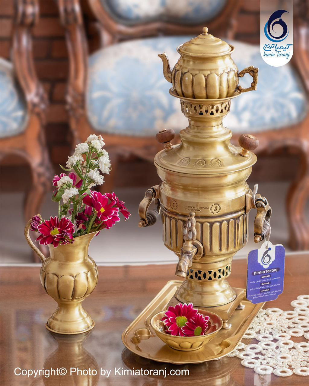 سماور ذغالی ۱ لیتری استوانه خطی برنجی