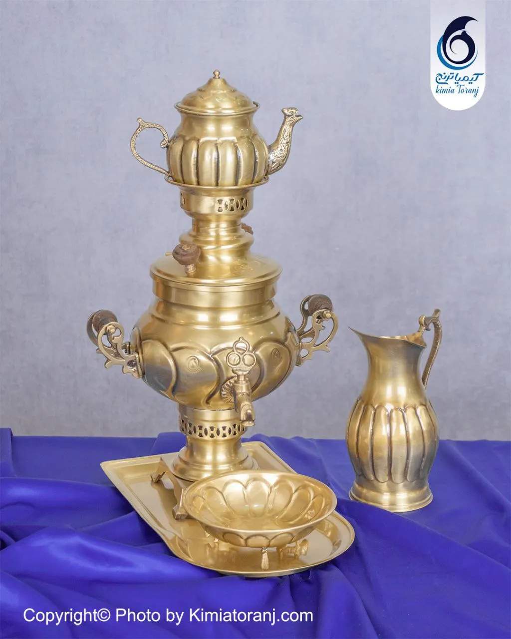سرویس سماور زغالی 2 لیتری عدسی خطی برنجی ضخیم