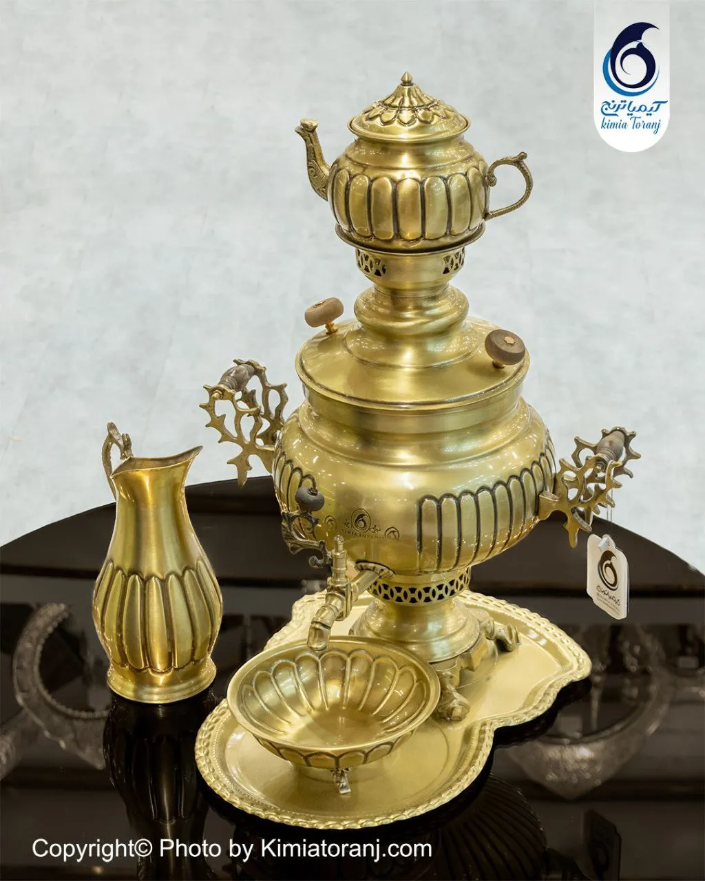 سرویس سماور ذغالی 6 لیتری عدسی خطی برنجی ضخیم با ضمانت ۶۰ ماهه صنایع دستی کیمیاترنج