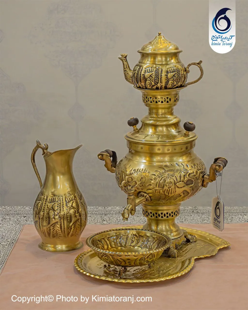 سرویس سماور ذغالی 3 لیتری عدسی قلمزنی برنجی ضخیم با ضمانت ۶۰ ماهه صنایع دستی کیمیاترنج