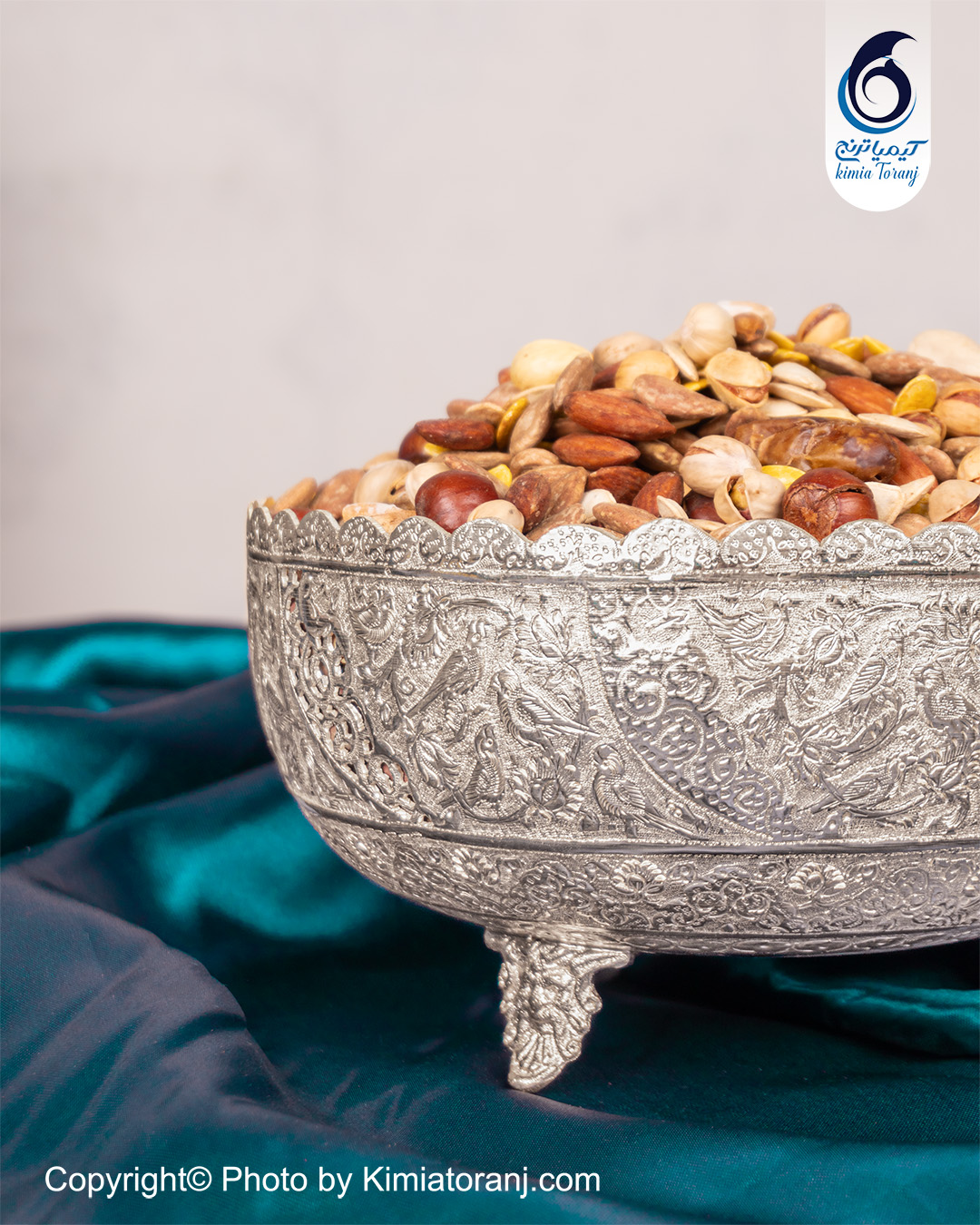 پسته خوری شبه نقره قلم گل و مرغ