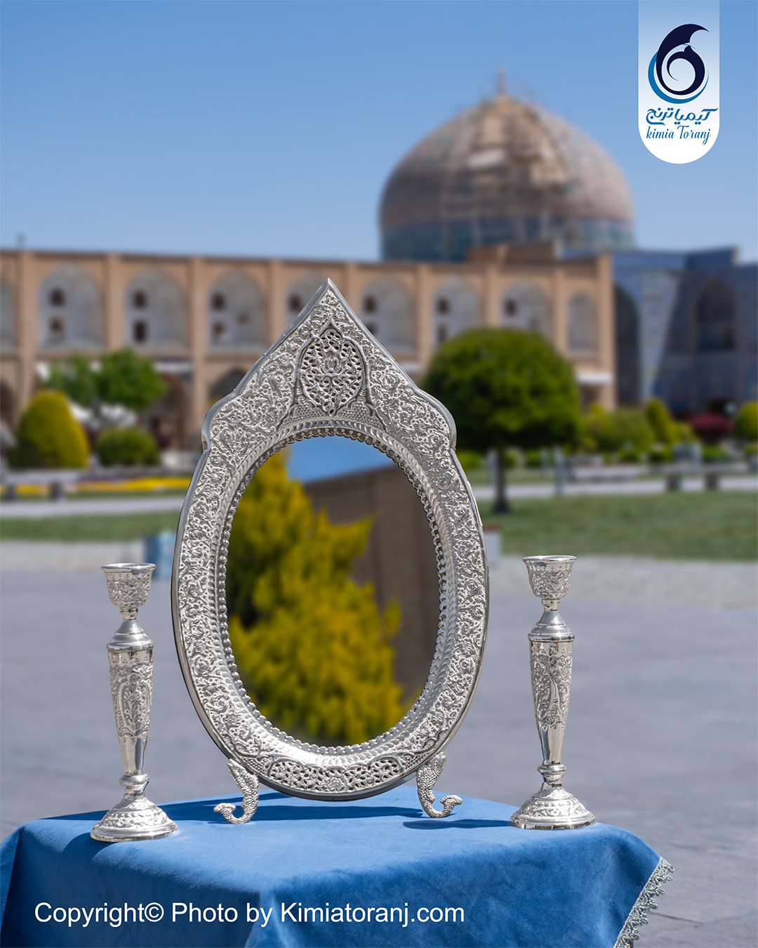 آینه شمعدان بیضی  تاجدار 50 شبه نقره گل و مرغ سفید