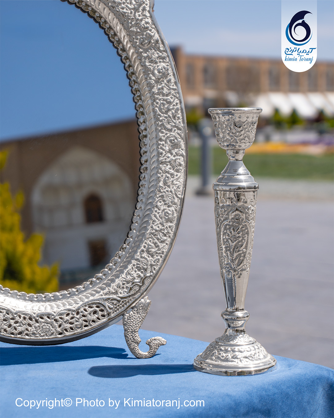 آینه شمعدان بیضی  تاجدار 50 شبه نقره گل و مرغ سفید