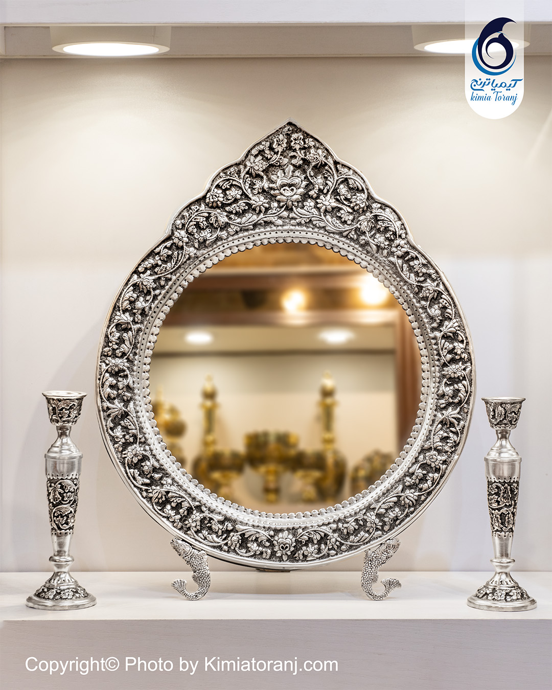 آینه شمعدان گرد تاجدار 55 شبه نقره گل برجسته