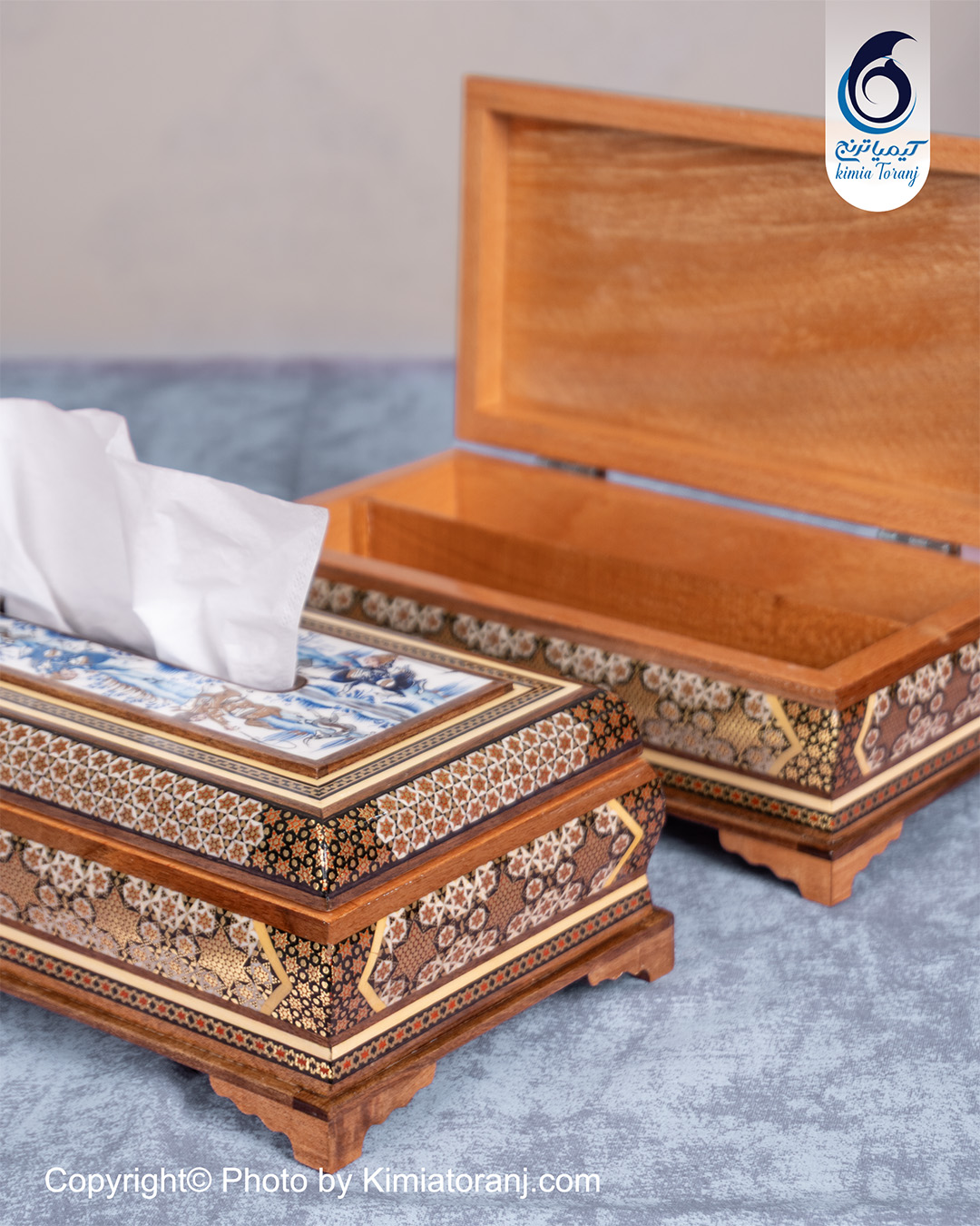 ست جعبه دستمال و جاقاشقی مینیاتور آبی - 3