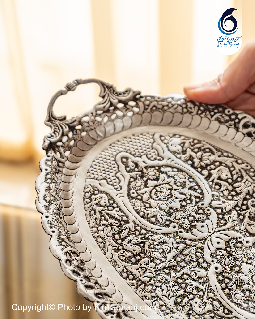 سینی بیضی کوچک شبه نقره قلم گل و مرغ