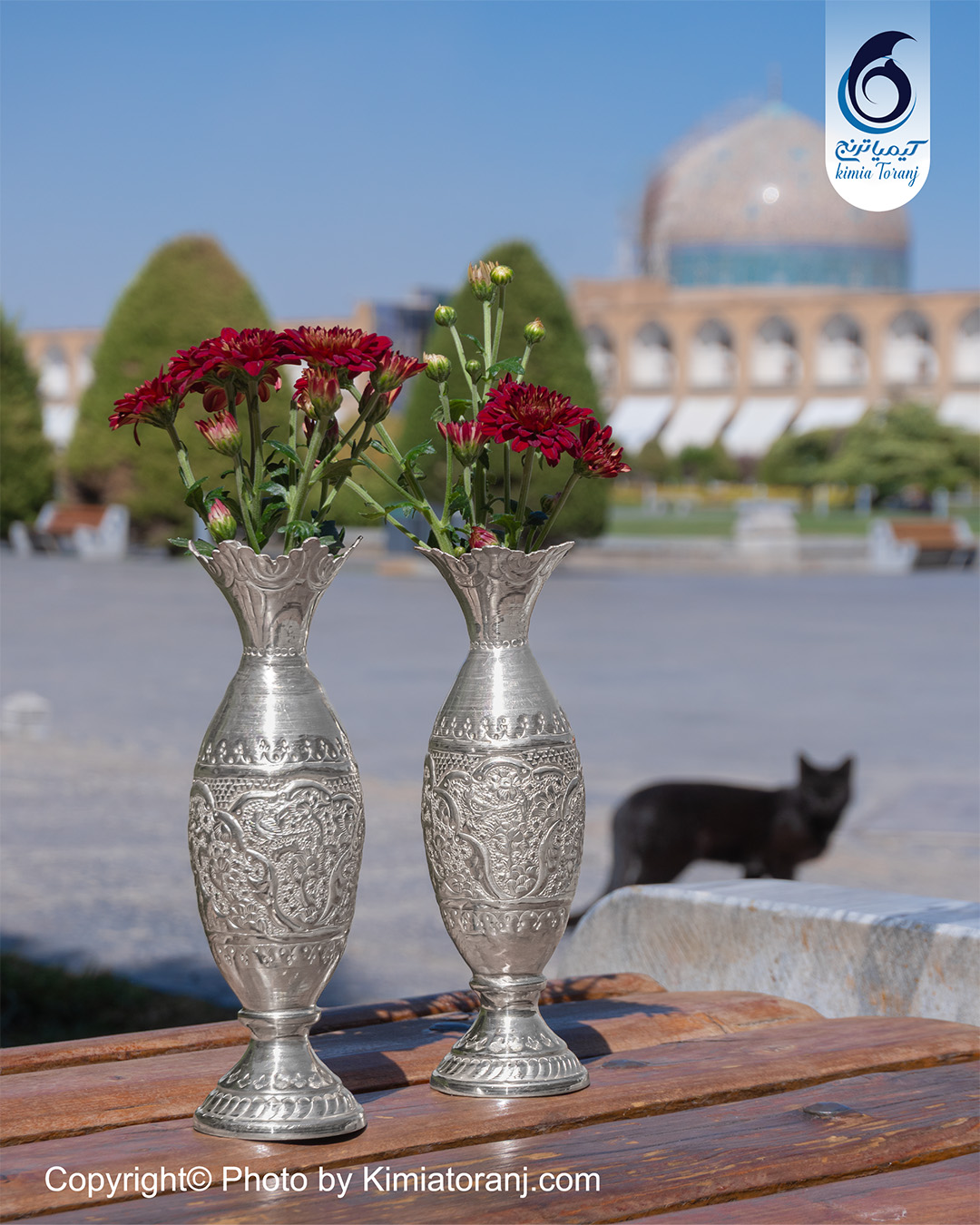 گلدان موشکی شبه نقره سفید قلم گل و مرغ