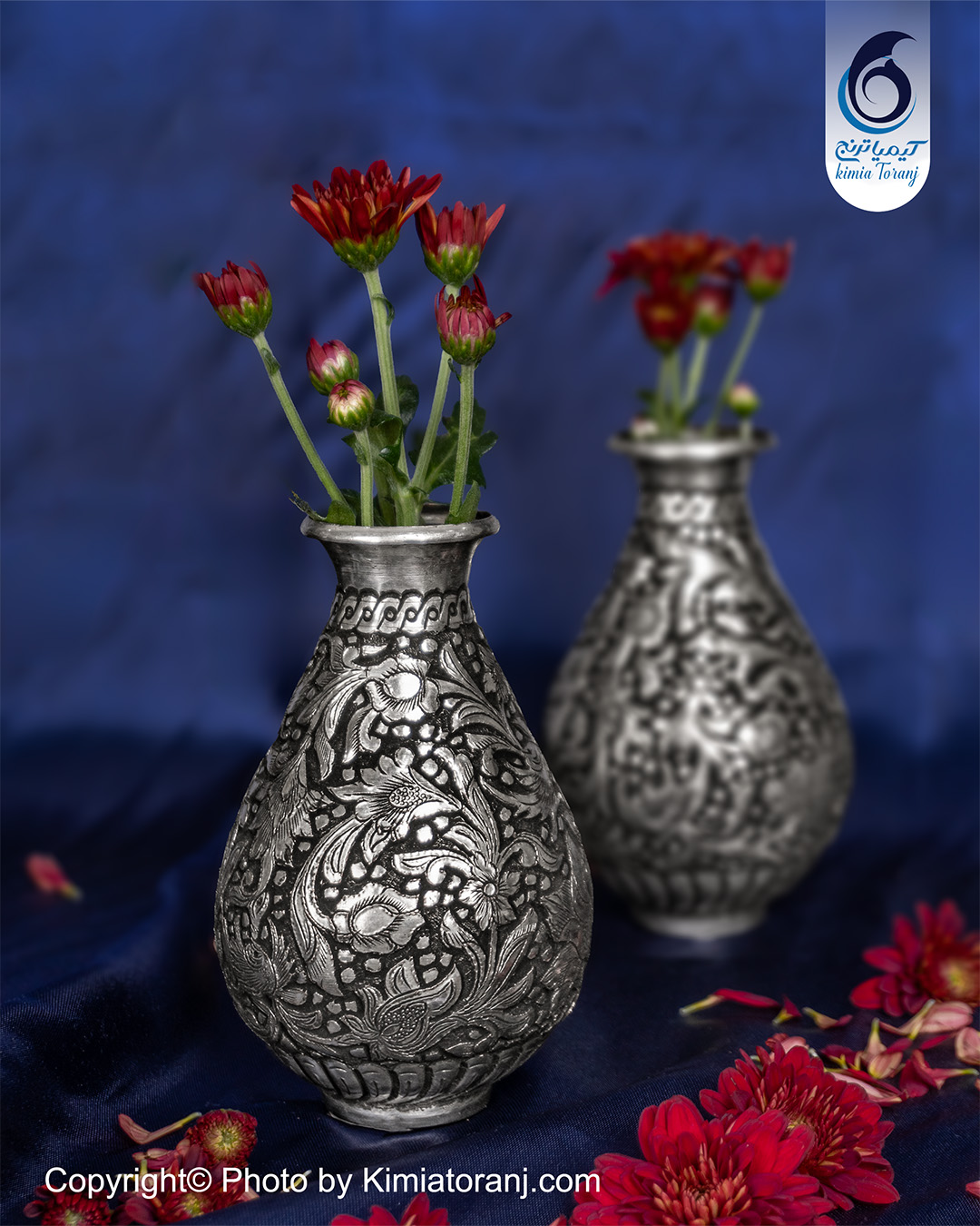 گلدان شکمی کوچک قلم گل و مرغ مسی دکوری با روکش قلع با ضمانت اصالت صنایع دستی کیمیاترنج